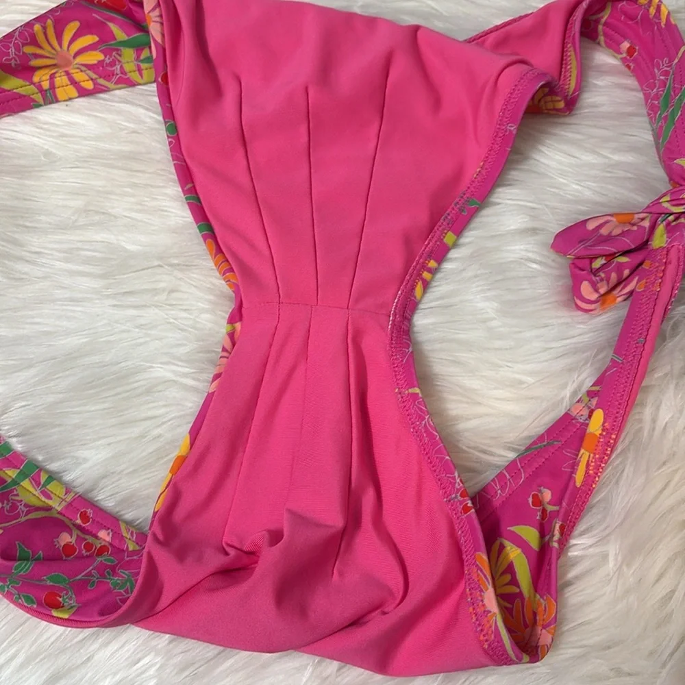 Kate Spade Pink Flash Bikini Swim Bottoms Floral Print Side Buckle Side Tie